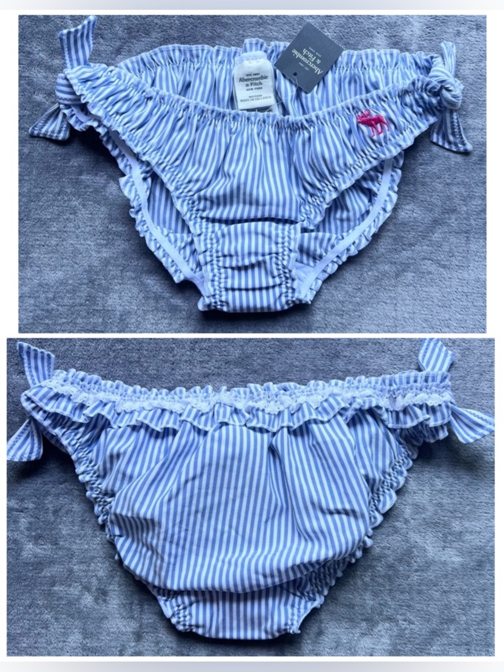 NEW Abercrombie and Fitch Bikini Bottom Sz M White Blue Stripes Ruffles Lace